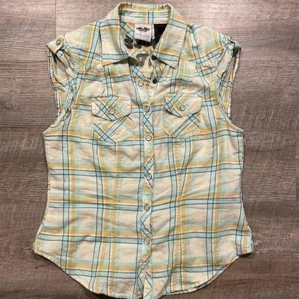 Harley Davidson capped sleeve white/blue/orange plaid embroidered logo top XS - Picture 9 of 13